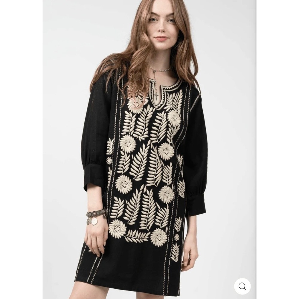 Sister Mary Black Embroidered Linen Blend Tunic Dress Womens Medium Boho Floral